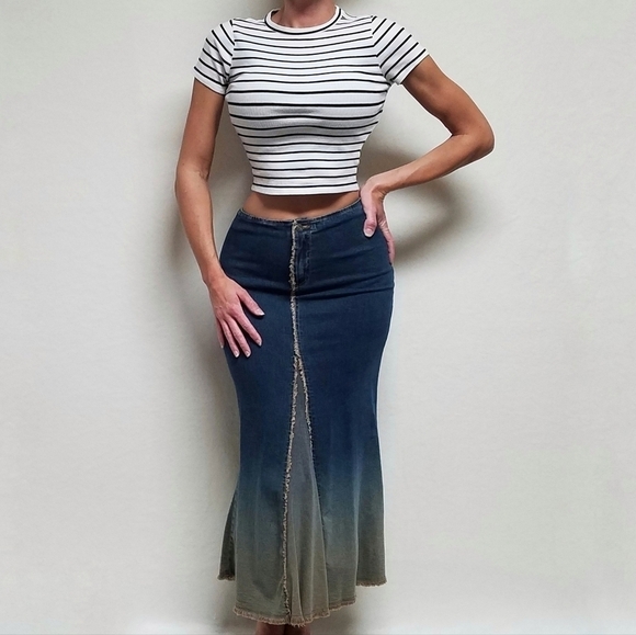 RARE Vintage Clothes Compact Raw Cut Midi Stretchy Ombre Denim Mermaid Skirt Med - Picture 2 of 15